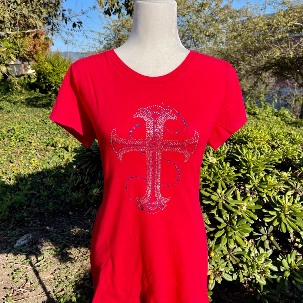 Handmade Rhinestone Detail Cross T-Shirt Slim Tee Red Silver